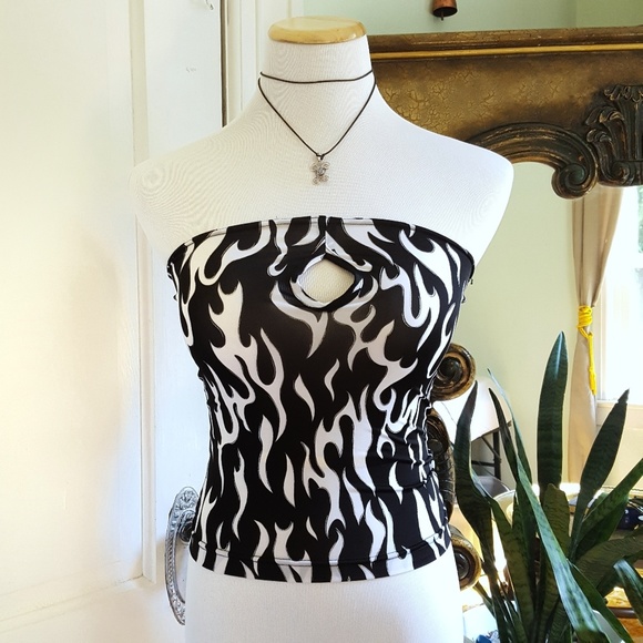 Vintage Tops - Vintage 90s Y2K Silver Flames Sheer Tube Top Black